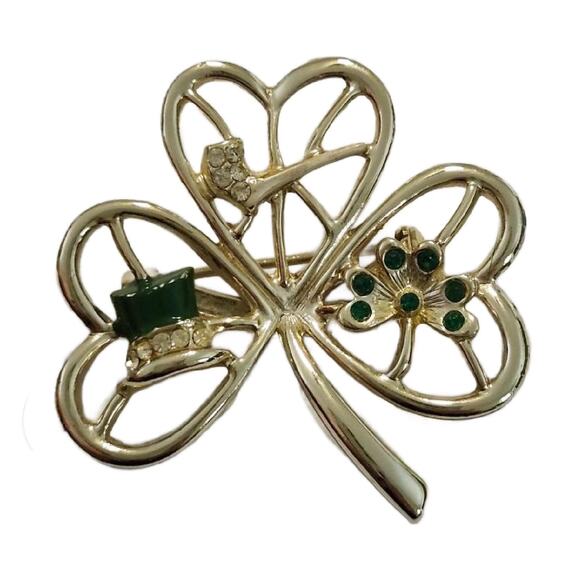 Vintage Clover Shamrock Brooch with Emerald Glass Accents, 2" Tall - Picture 4 of 10
